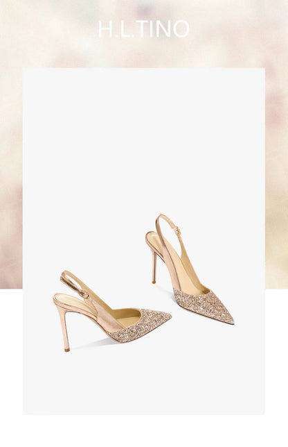 2025 New Summer Luxury Heeled Sandals Gold Sequins Back Strap Pointed Toe Stiletto Pumps Elegant Comfortable Prom Women's Shoes