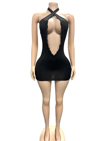 Sexy Women Dresses Halter Neck Lace Trim Front Hollow Sleeveless Skinny Clothing Midnight Club Party Bodycon Short Dress