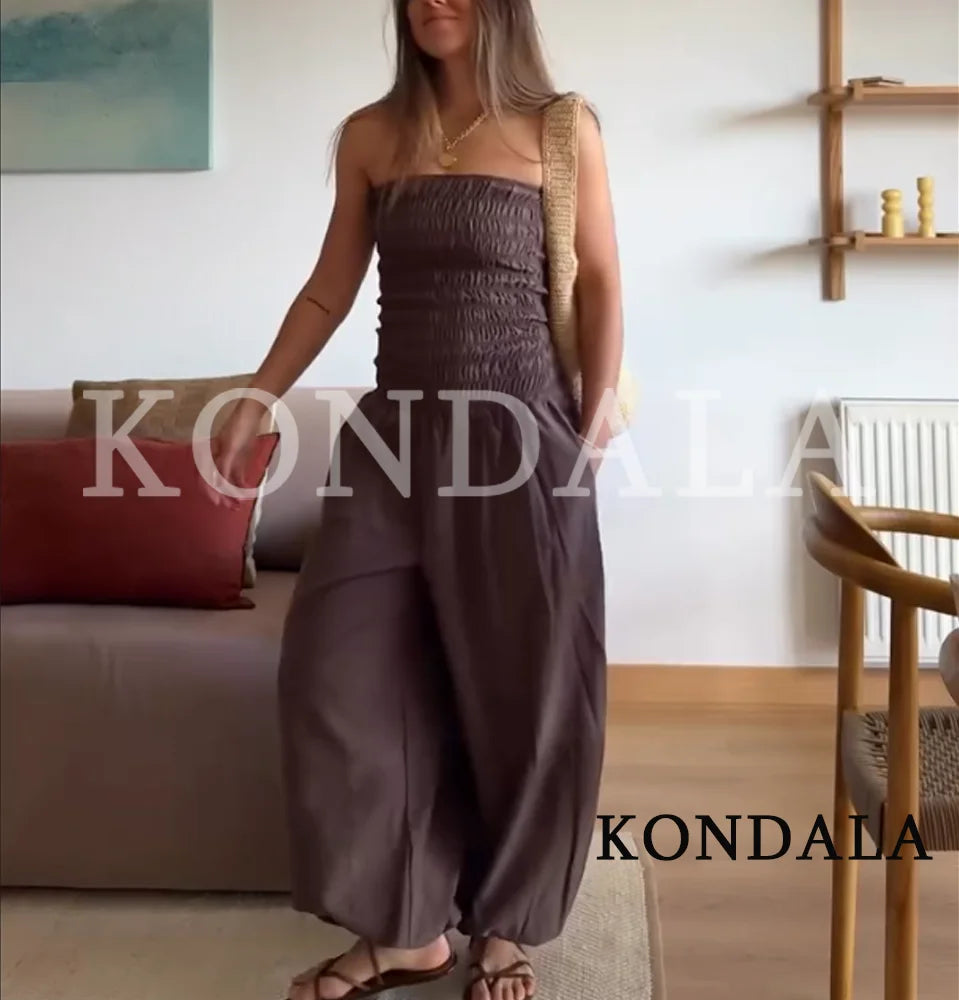 KONDALA Women High Street Trendy Jumpsuit Strapless Pockets Pleated Jumpsuits New Fashion 2026 Spring Summer Holiday Jumpsuit