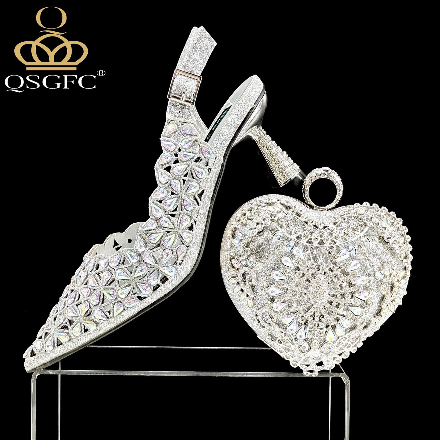 QSGFC Italian Design Rhinestone-encrusted Sex Ladies Shoes And Special Bag High Heels And Heart Shape Gold Mini Bag