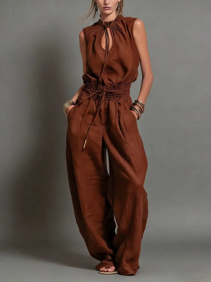 Summer Fashion Elastic Waisted Wide Leg Jumpsuit Women's Sleeveless Sexy Deep V-Neck Lace-up Loose Pockets Female Rompers 2026