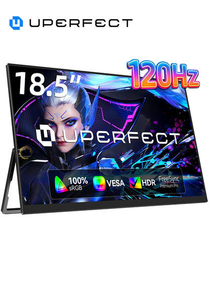 UPERFECT Portable Monitor 18.5" 1080P 100% sRGB 120Hz IPS HDR FreeSync HDMI USB-C Travel Screen for Laptop MacBook PC Surface PS5 Xbox Large External Display with Kickstand & Speakers VESA Compatible