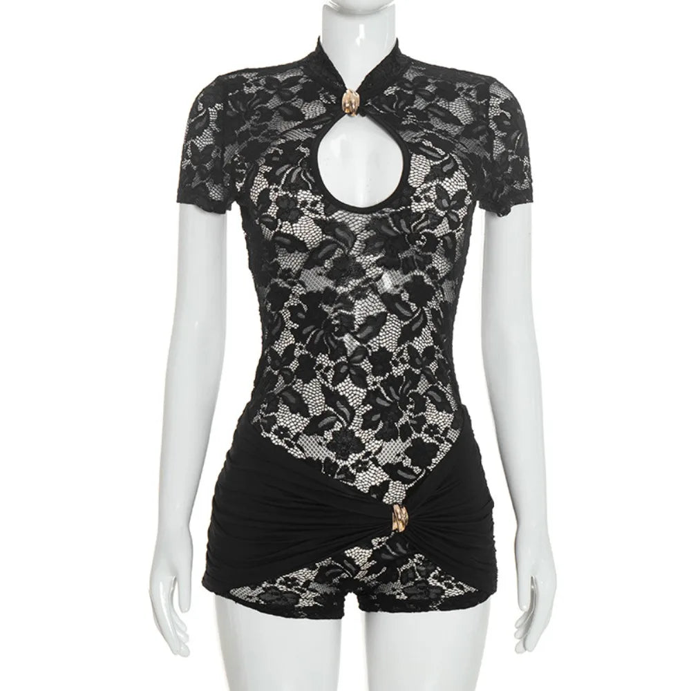 FLARORA Sexy Lace See Through Rompers Woman Hollow Metal Buckle V Neck Short Sleeve Ruched Patchwork Skinny Peach Hip Playsuits