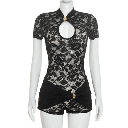 FLARORA Sexy Lace See Through Rompers Woman Hollow Metal Buckle V Neck Short Sleeve Ruched Patchwork Skinny Peach Hip Playsuits