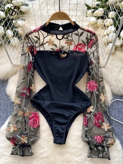 SINGREINY Vintage Embroidery Gauze Sexy Bodysuits Stand Collar Long Sleeve Playsuits Fashion Spliced Women Open crotch Rompers