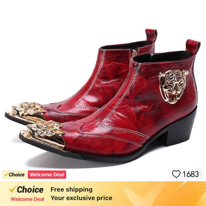 Fashion Luxury Men Boots Genuine Leather Ankle Sanke Boots Men Italian Business Dress Shoes Pointed Toe Cowboy Boots