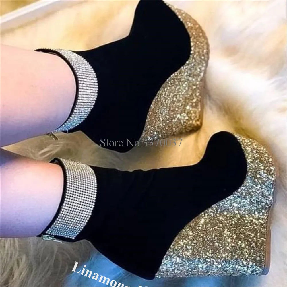Bling Bling Glitter Platform Wedge Short Boots Linamong Sexy Silver Gold Sequined Patchwork Black Suede Ankle Wedge Booties