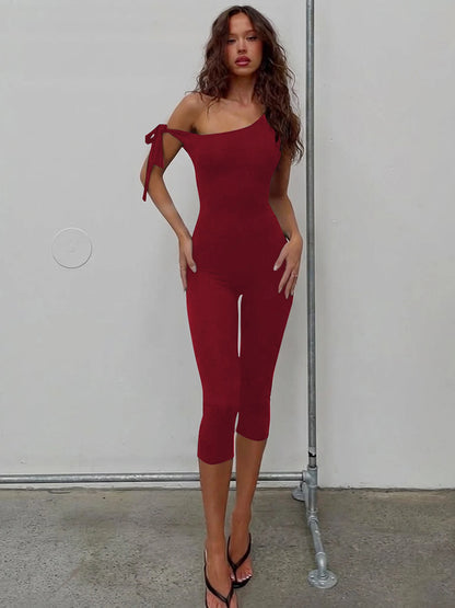Dulzura Leopard One Shoulder Backless Lace Up Slim Jumpsuit Women'S Fashion Sexy Casual Romper Party Club Street Summer Clothes