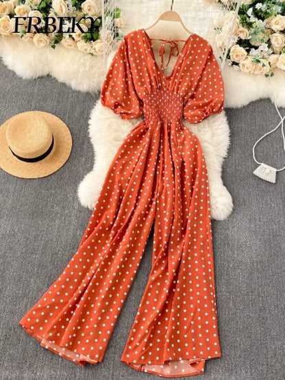 Jumpsuit Women Summer New Temperament Polka Dot V-neck High Waist Casual Wide Leg Jumpsuit Elegant Party One Piece Jumpsuits