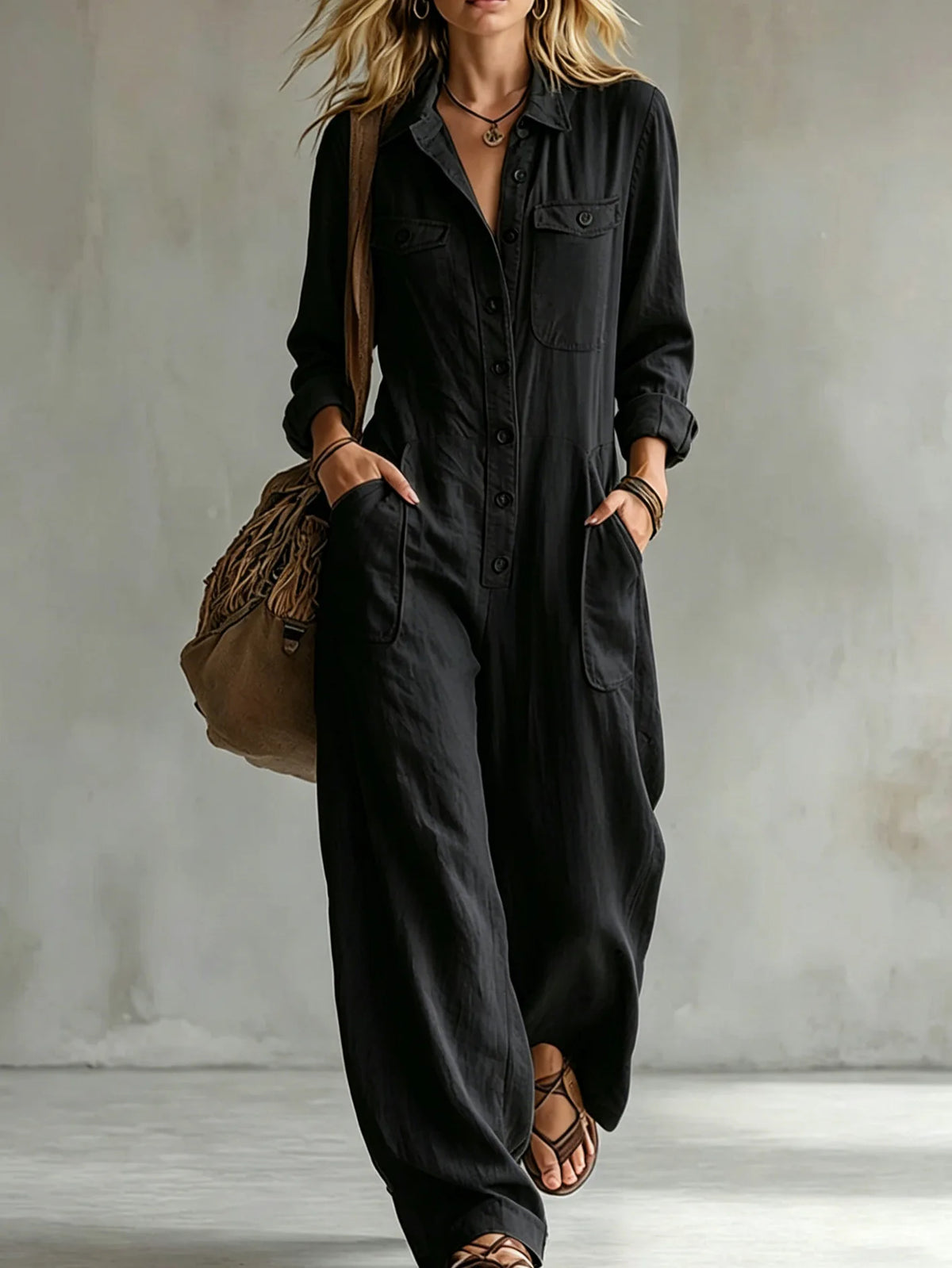 Retro Lapel Buttoned Pocket Solid Loose Commuting Pocket Jumpsuit Women Autumn New Vacation All-match Jumpsuits Women's Clothing