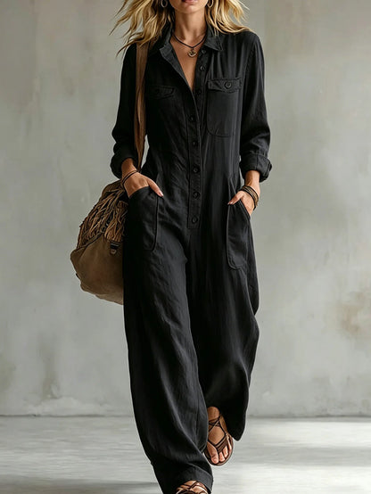 Retro Lapel Buttoned Pocket Solid Loose Commuting Pocket Jumpsuit Women Autumn New Vacation All-match Jumpsuits Women's Clothing