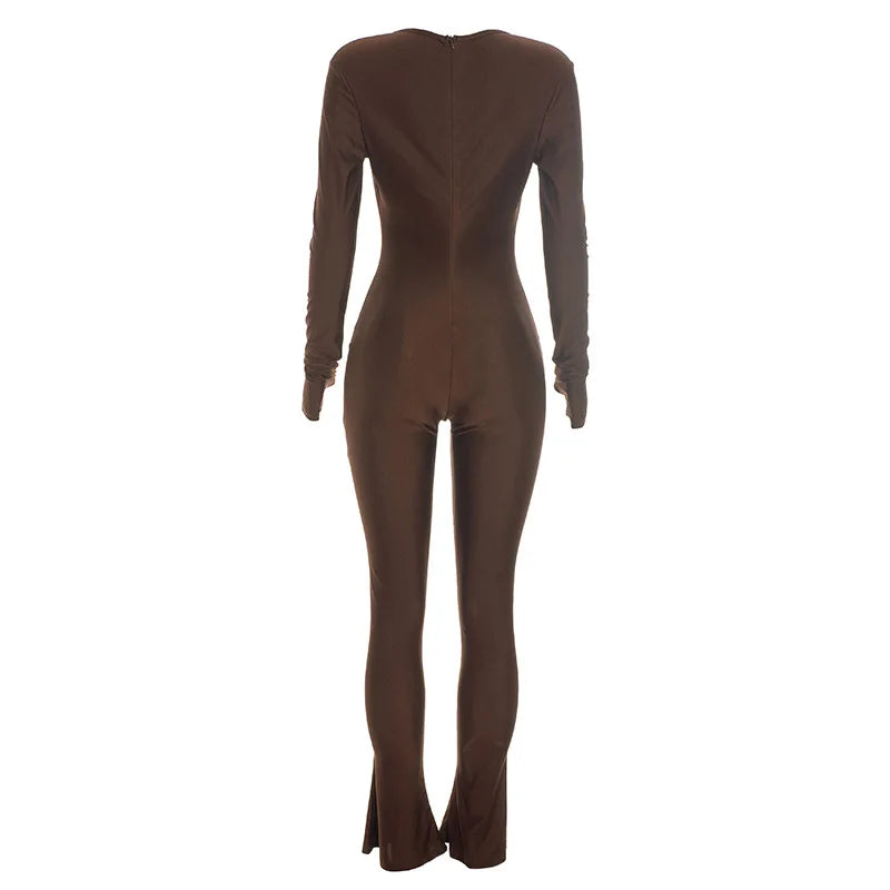 Joskaa Women Cutout Long Sleeve Jumpsuit with Tube Tops Sexy O-neck Back Zipper Thumb Hole Design Bodycon Rompers Party Clubwear