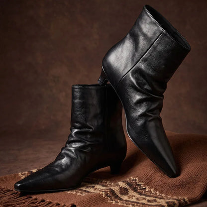 AIYUQI 2026 Women Pointed Toe Ankle Boots Vintage Ruched Kitten Heel Short Boots Elegant Slip On Dress Booties for Daily Party