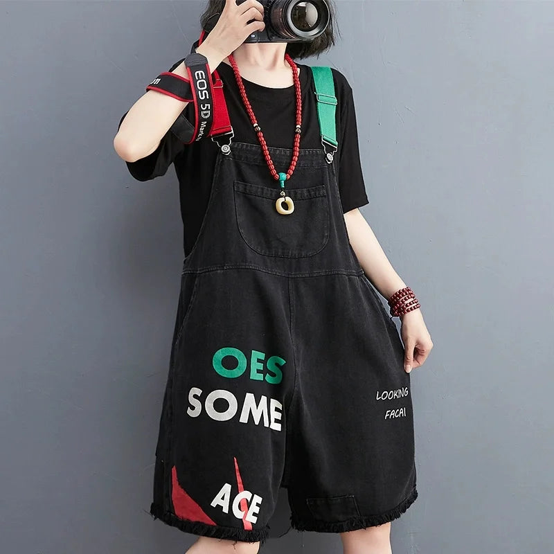 Large Size Letter Printed Jeans Jumpsuit Women New Summer Korean Loose Casual Rompers Wide Leg Denim Short Pants Overalls Pants