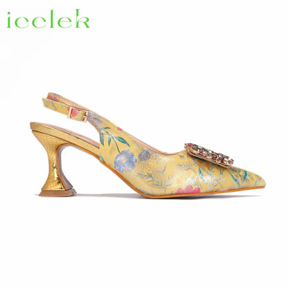 Newest Green Color Print Design High Heels Decorated with Water Rhinestone Party Women's Shoes and Bags Set