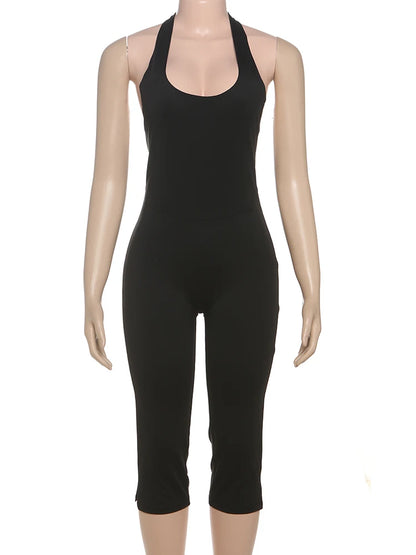 BKQU Casual Simple Halter Playsuits Women Solid Low-Neck Backless Stretch Skinny One Piece Rompers Yogo Sporty Classic Overalls