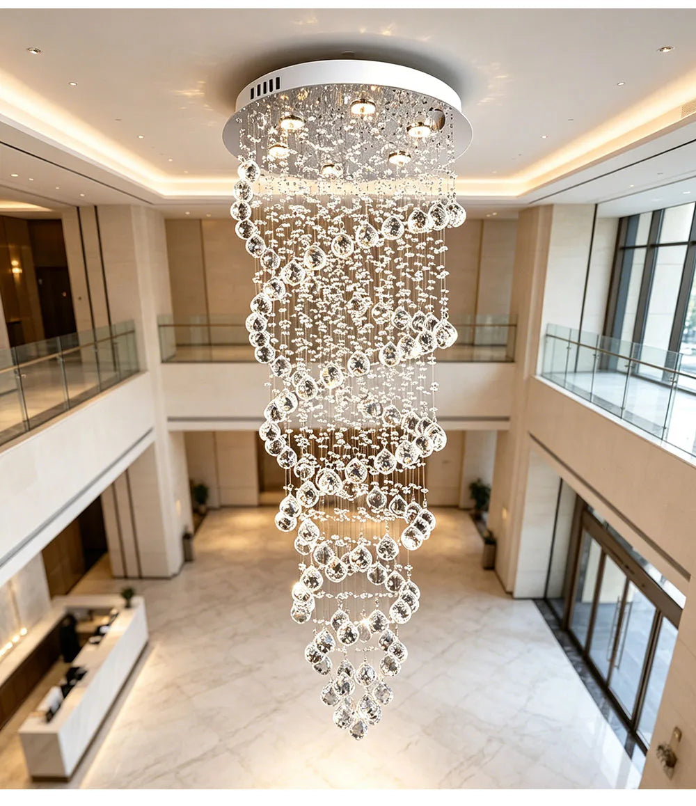 Modern Luxury Spiral Crystal Ceiling Fixture Long Cascading Crystal Design for Duplex Stairwell High Ceiling Home Lighting