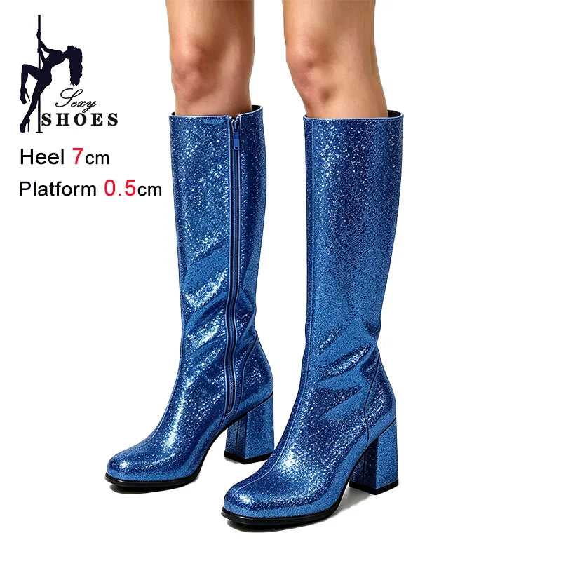 7CM Block Heel Pink Glitter Knee High Boots Women Square Toe Side Zipper Fashion Long Shoes Party Nightclub Long Pipe Booties