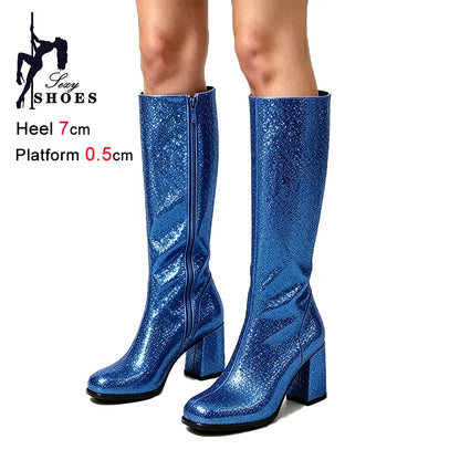7CM Block Heel Pink Glitter Knee High Boots Women Square Toe Side Zipper Fashion Long Shoes Party Nightclub Long Pipe Booties