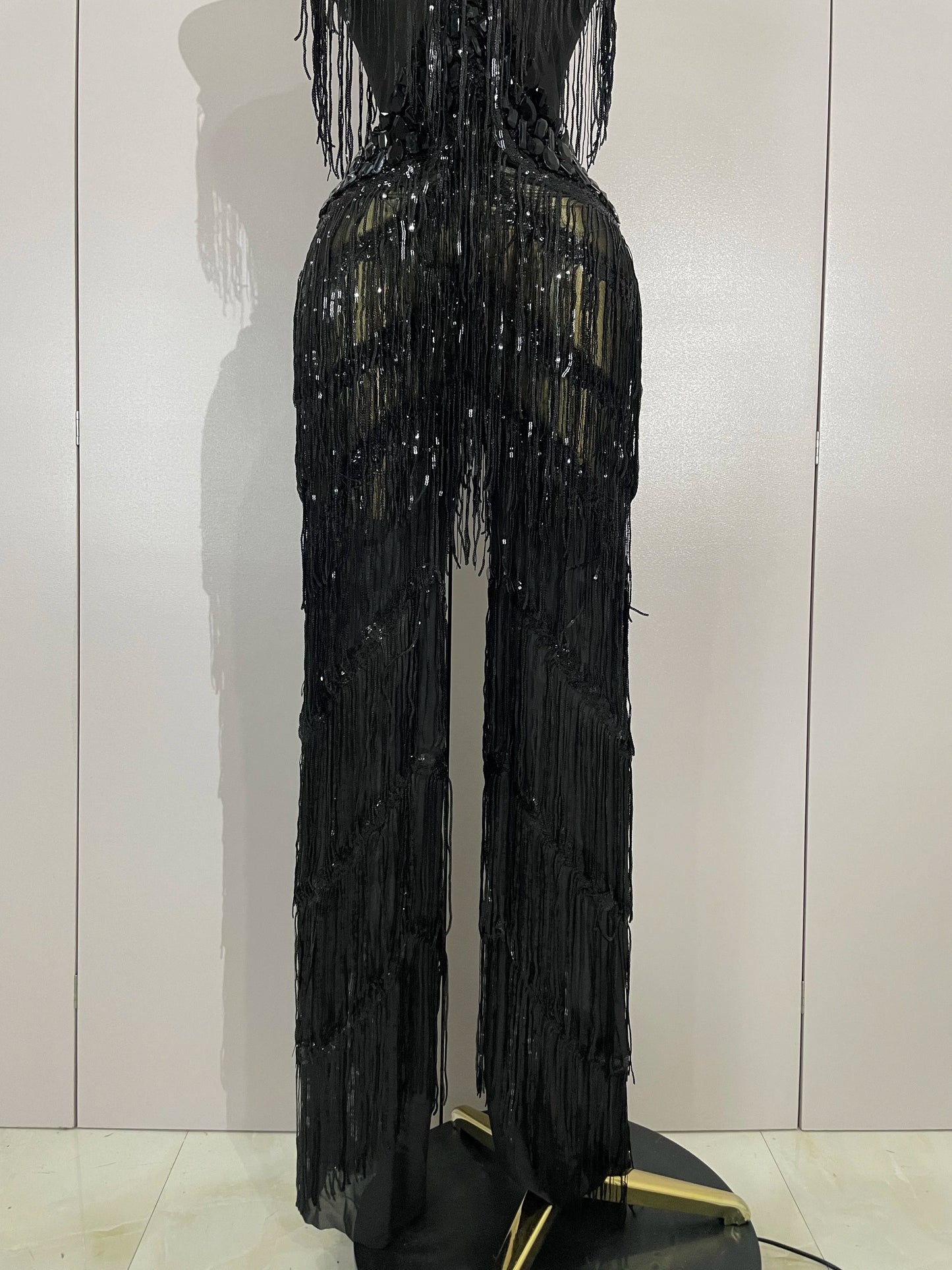 Sparkly Black Rhinestones Sequined Fringe Jumpsuit Women Sexy Nightclub Party Birthday Outfit Show Singer Stage Perform Costume