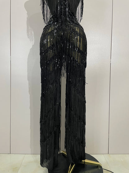 Sparkly Black Rhinestones Sequined Fringe Jumpsuit Women Sexy Nightclub Party Birthday Outfit Show Singer Stage Perform Costume