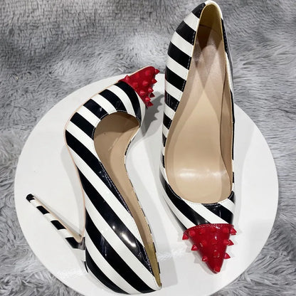 Black and white striped patent leather color blocked rivet pointed thin heel shallow mouth sexy super high heels single shoe