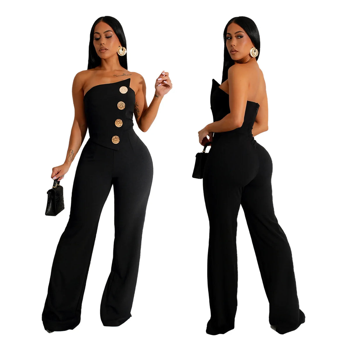 Sexy Backless Strapless Jumpsuit Summer Women Fashion Solid Button Sleeveless Slim Fit Wrap Hip Jumpsuits Elegant Office Romper