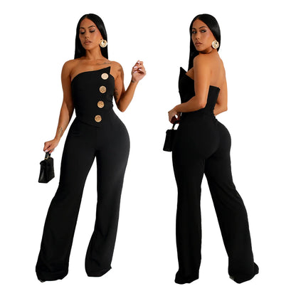 Sexy Backless Strapless Jumpsuit Summer Women Fashion Solid Button Sleeveless Slim Fit Wrap Hip Jumpsuits Elegant Office Romper