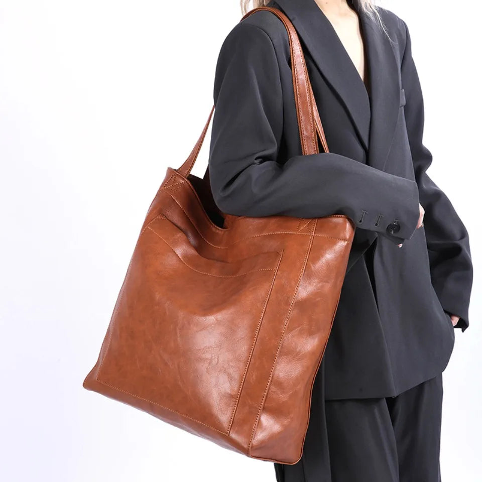 High Quality Oil Skin Leather Bucket Hand Bags for Women Female Shoulder Top-Handle Bag Luxury Handbas Women Large Commute Bags