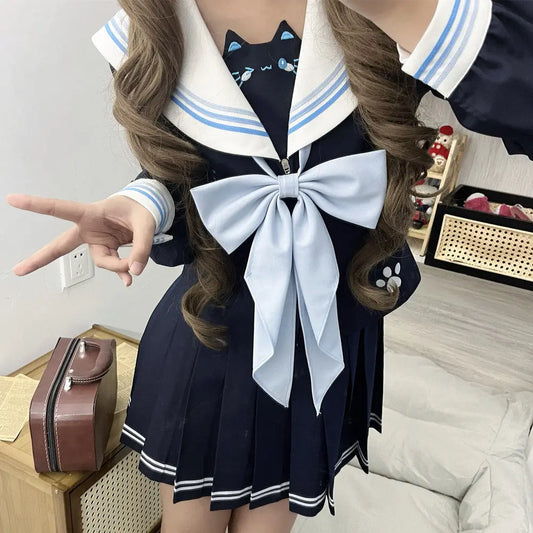 Japanese High School JK Uniform Set Navy Blue Seifuku Summer Sailor Suit Long Sleeves Student Girl Sailor Outfit Korean Women