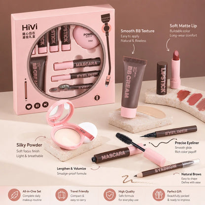 9PCS Makeup Gift Set for Women, All-in-One Lipstick Mascara Eyeliner BB Cream Powder Compact, Travel Beauty Kit for Beginners