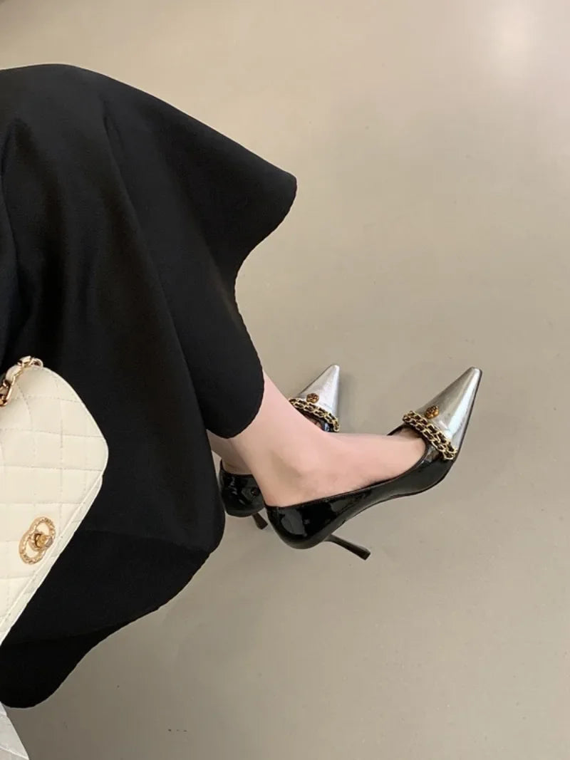 Luxury Metal Decoration Design Pumps Women Sexy Splicing Pointed Toe Stiletto Sandals Elegant Banquet Dress Shoes Zapatos Mujer
