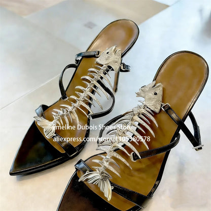 Fish Bone Sandals Rhinestone Slingback High Heels Pointed Toe Stiletto Pumps for Party Evening Sexy Women Summer Shoes Plus Size