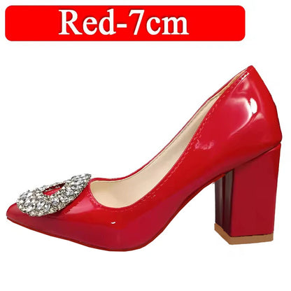 Aphixta Bing Big Crystals Round Buckle 7cm Chunky Heels Pumps Women Shoes Dark Green Fashion and Leisure Pointed Toe Pumps