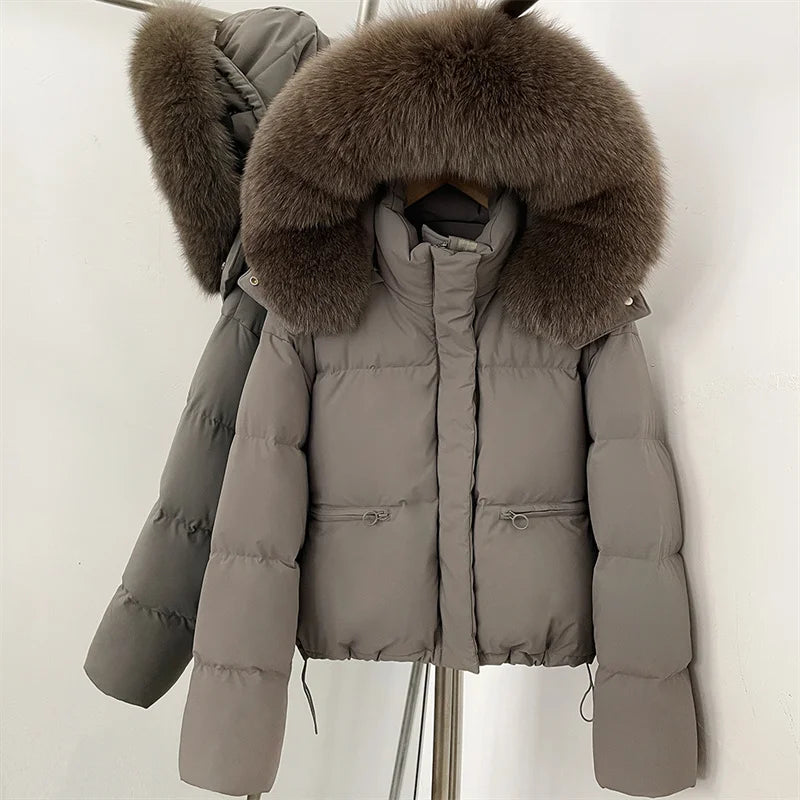 women's winter down jacket 2026 new detachable fox fur collar hooded women's down coat White duck down filled warm thick coat