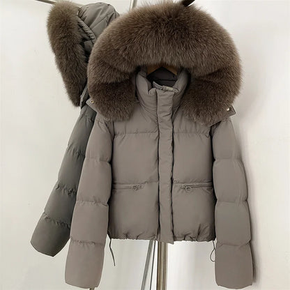 women's winter down jacket 2026 new detachable fox fur collar hooded women's down coat White duck down filled warm thick coat