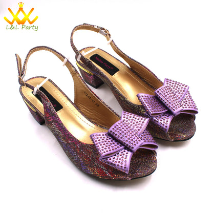 Pink New Arrivals Nigerian Women Shoes and Bag Set Italian Design Low Heels with Crystal Peep Toe Sandals for Party