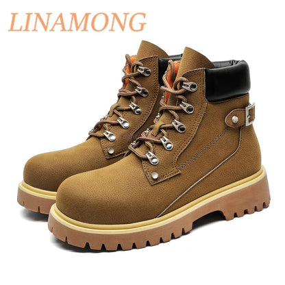 Yellow Workwear Boots Fashionable Front Strap Design Patchwork Thick Sole Buckle Decoration Anti Slip Couple's Short Boots