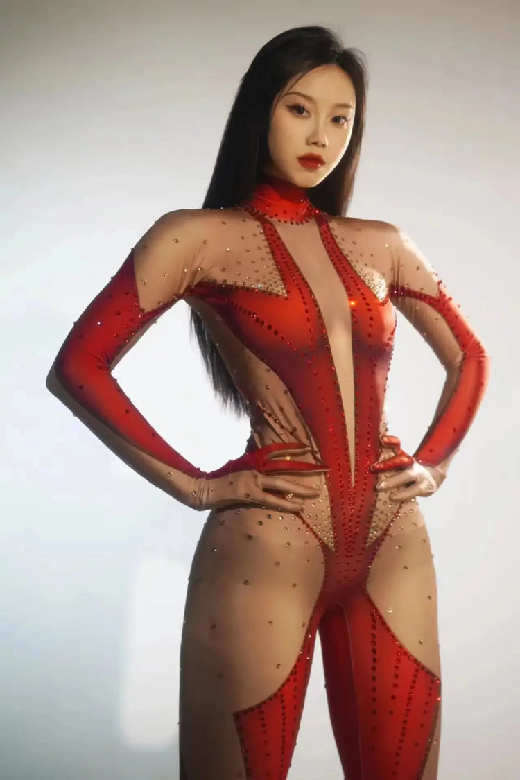 Sexy Full Diamond Long Sleeved Jumpsuit Ballroom Pole Dancer Performance Outfit Fashionable Club Suit Women's Photography