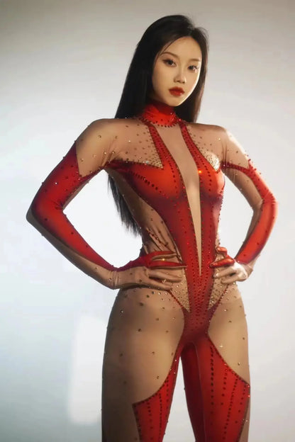 Sexy Full Diamond Long Sleeved Jumpsuit Ballroom Pole Dancer Performance Outfit Fashionable Club Suit Women's Photography