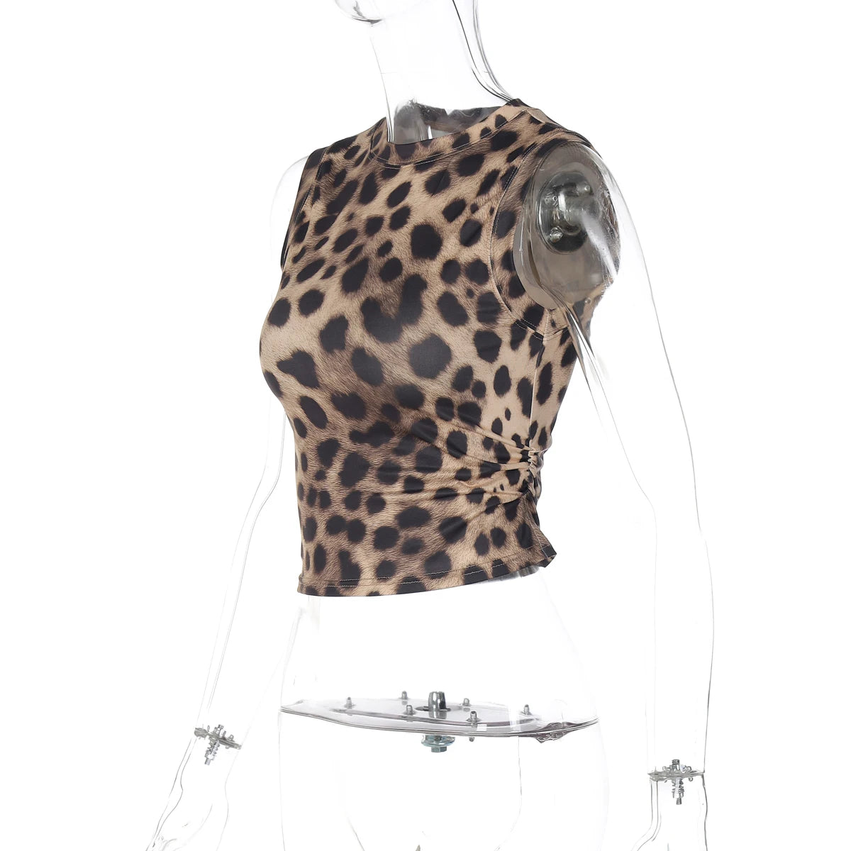 Dulzura Summer Fashion Sexy O-Neck Sleeveless Shirring Leopard Print T-Shirt Women'S Casual Versatile Y2K Top Party Club Clothes