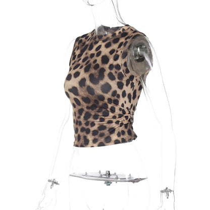 Dulzura Summer Fashion Sexy O-Neck Sleeveless Shirring Leopard Print T-Shirt Women'S Casual Versatile Y2K Top Party Club Clothes