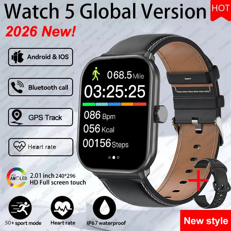 New Watch 5 Sports Smart Watch Men Women 2.01" AMOLED Screen Fitness Tracker Heart Rate ECG Waterproof GPS Track Call Smartwatch