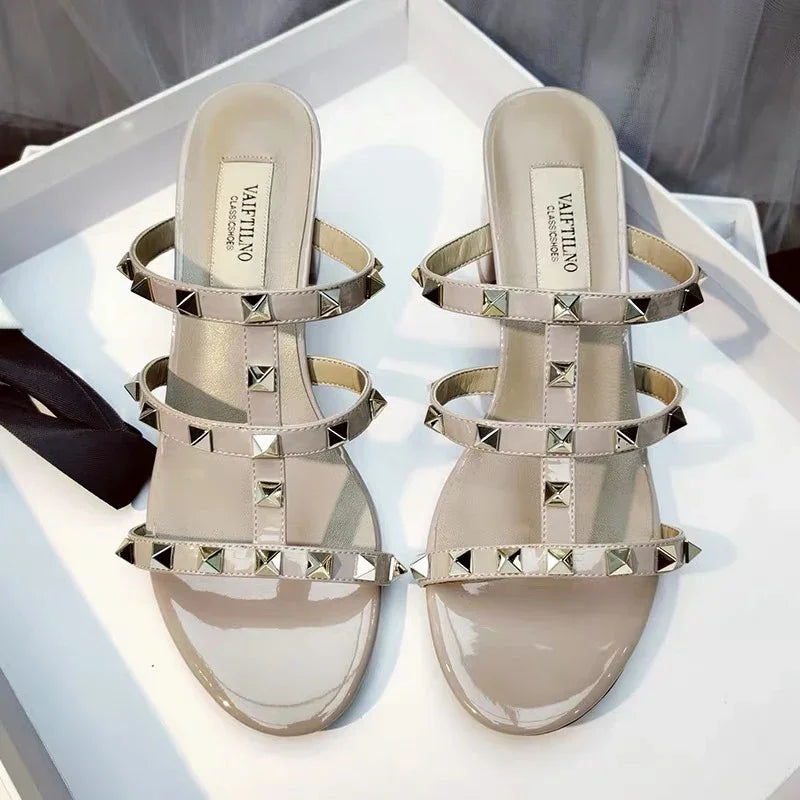 Women's Sandals Gladiator Summer With Heels Real Leather Rivets Luxury Brand High-heeled slippers Designer Silver Ladies Shoes