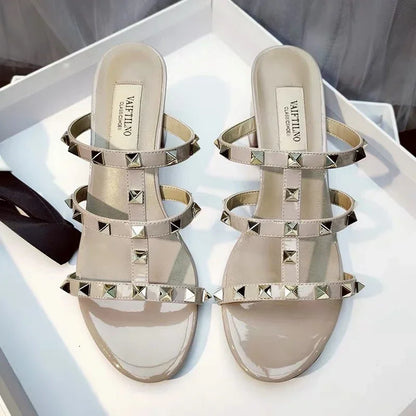 Women's Sandals Gladiator Summer With Heels Real Leather Rivets Luxury Brand High-heeled slippers Designer Silver Ladies Shoes