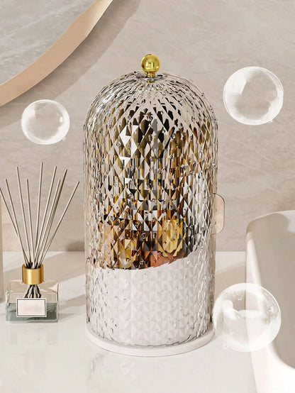 Transparent Sliding Door Birdcage Cosmetic Storage Box 360° Rotatable Makeup Brush Organizer Holder Multi Compartment Vanity Storage For Lip Liner Eyebrow Tools Makeup Brushes 1 Piece