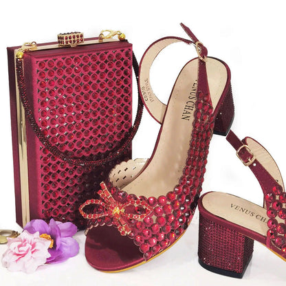 2024 New Italian Design Full Drill Elegant Wine Evening High Heels Wedding Party Shoes Matching Clutch Handbag