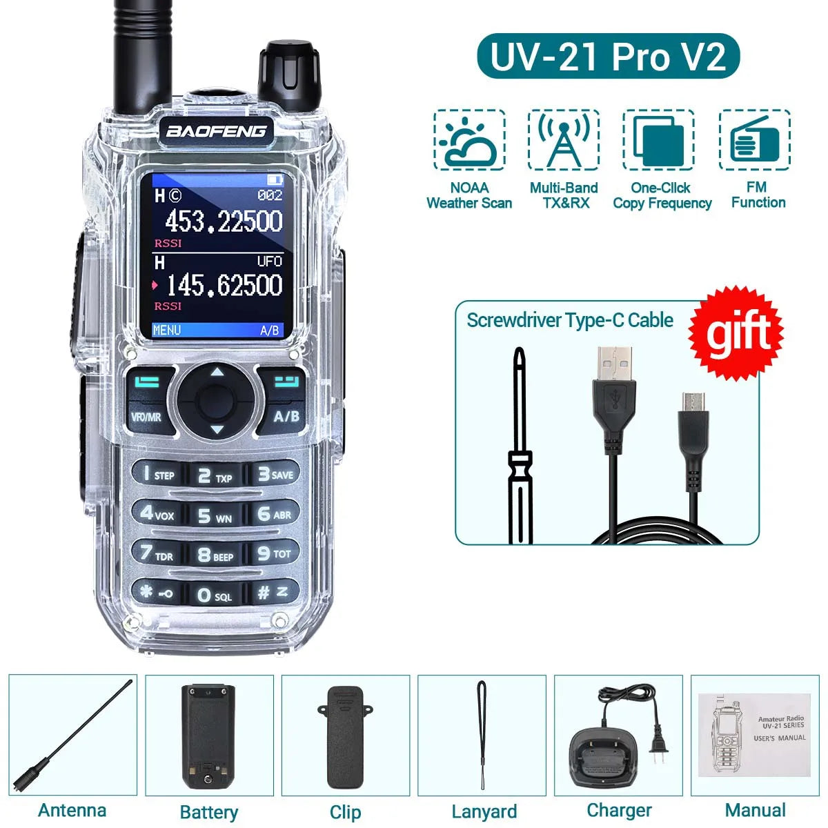 BAOFENG UV-21 PRO Auto Frequency Copy Walkie Talkie Ultra Long Range High Power Multi-Band Type-C Charger Portable Ham Radio