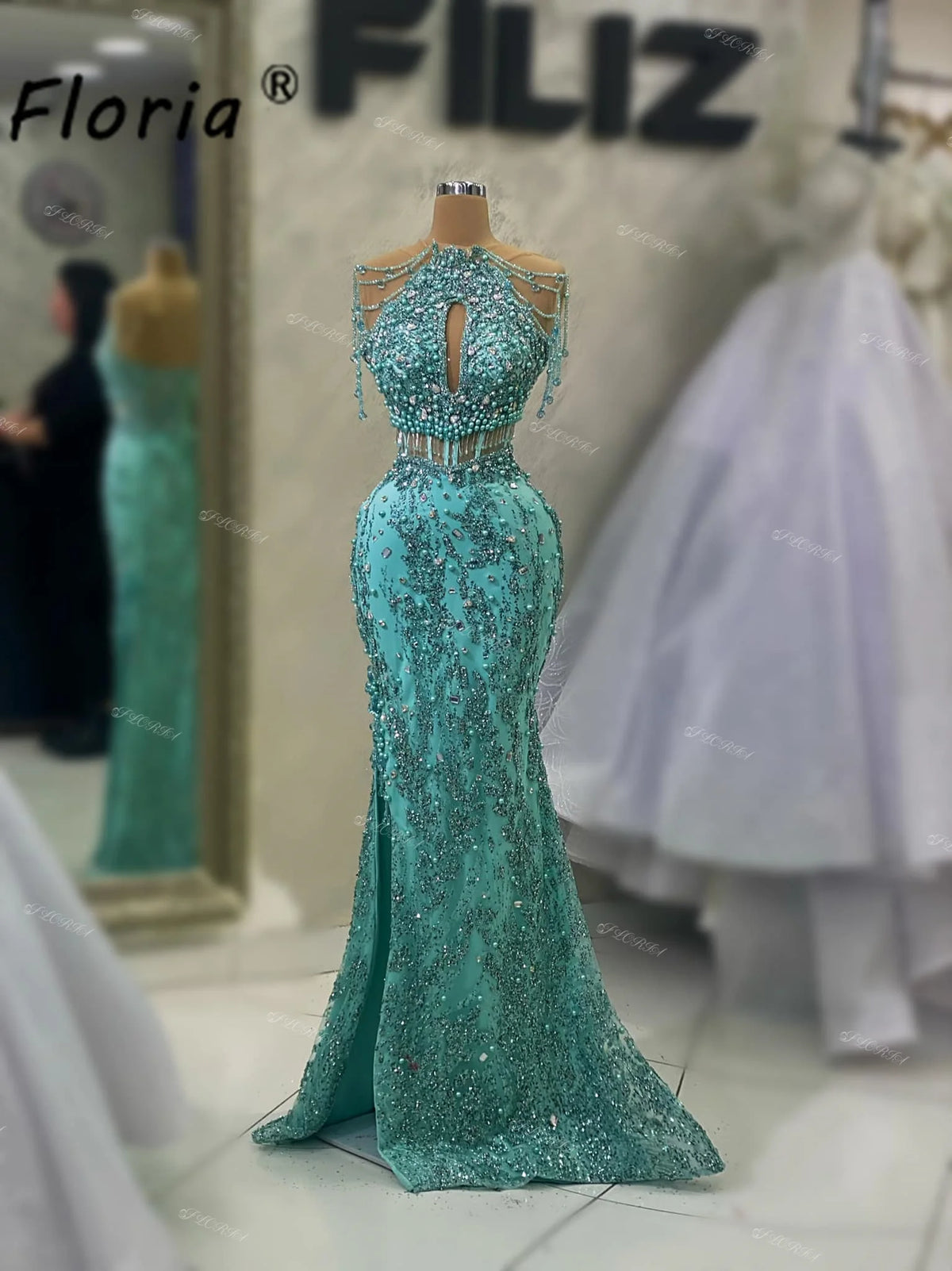 Elegant Scoop Beaded Mermaid Evening Dresses Green Pearls Tassel Prom Party Dress Sleevelss Crystal Robes de soiree Customized