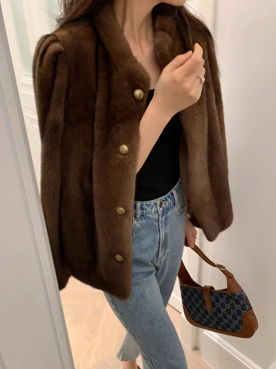 HDHOHR 2026 New100% Real Mink Fur Coat Women Fashion Essential Natural Mink Coat Warm Short Leather Outerwear Winter Fur Jacket